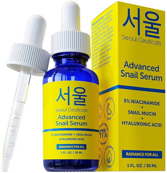 SeoulCeuticals Korean 5% Niacinamide + Snail Mucin 97.5% Essence Serum + Hyaluronic Acid, Cruelty Free Korean Skin Care, Natural & Organic Anti Aging Face Serum for Dull Skin, K Beauty 1oz