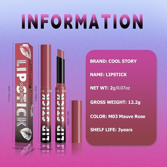 COOL STORY Matte Lipstick Lightweight Blurring Formula with High Impact Pigment, Long-lasting, 0.07 oz (Mauve Rose)