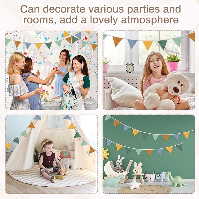 2PCS Pennant Banner Flags, Fabric Bunting Banner Nursery Garland Decor, Baby Shower Garland, Triangle Flags for Baby Boy Room, Playroom, Boho Birthday Party Decor, Each 7.75 ft (4 Colors)