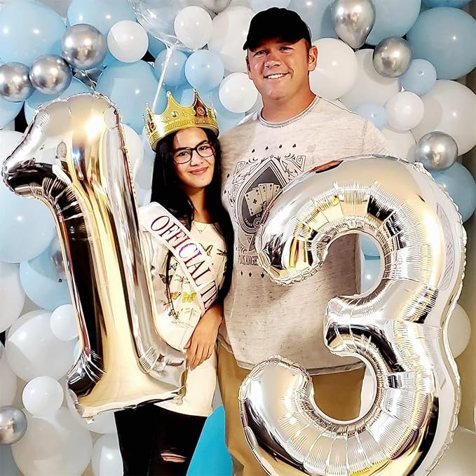 Silver 1 Balloon Number, 40 Inch Giant Helium Foil Number 0-9 for Boys Girls, Self Inflating 1st Birthday Balloon for Women Men 10th Anniversary Baby Shower New Year Wedding Party Decorations Supplies