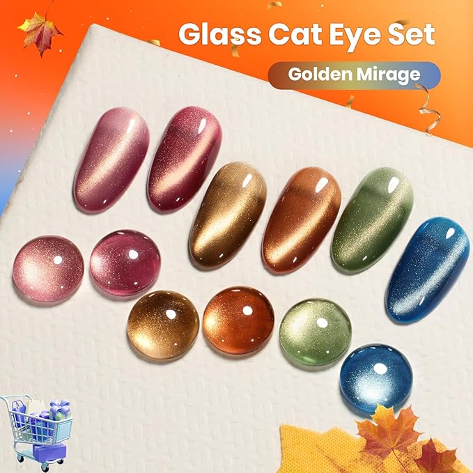 beetles Gel Polish Golden Mirage Cat Eye Gel Nail Polish Set - 6 Colors Pink Red Brown Green Blue Glitter Fall Gel Nail Kit, Magnetic Shine Soak Off UV Gel for Salon DIY Manicure Gift for Women