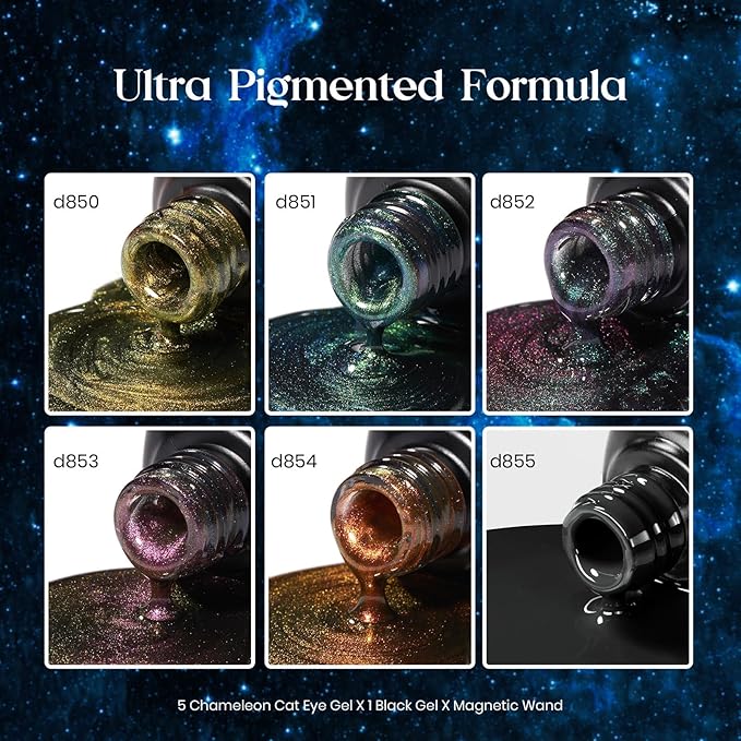 Beetles Cat Eye Gel Nail Polish Set - 6 Colors Halloween Chameleon Cat Eye Black Glitter Red Blue Gold Green Orange Gel Polish with Magnet Soak Off UV Velvet Gel Salon French Nail Art Gift for Women