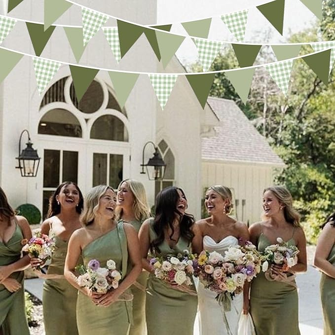 32Ft Sage Green Party Decorations Sage Gingham Banner Olive Green Buffalo Plaid Checkered Triangle Flag Pennant Fabric Garland Streamers for Birthday Baby Shower Wedding Picnic Golf Party Decorations