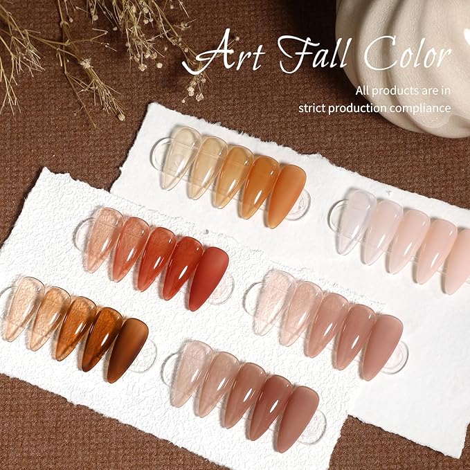 Fall Gel Nail Polish Set: 6 Colors Jelly Pumpkin Semi-transparent Natural Sheer Gel Nail Kit, Soak Off