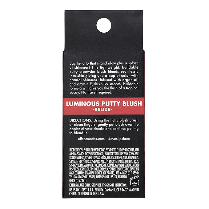 e.l.f. Luminous Putty Blush, Putty-to-Powder, Buildable Blush With A Subtle Shimmer Finish, Highly Pigmented & Creamy, Vegan & Cruelty-Free, Belize