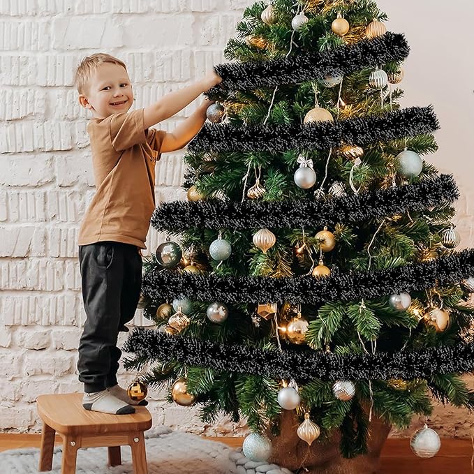 25 Feet Christmas Foil Fringe Banner Metallic Tassle Garland Metallic Backdrop Parade Floats Shiny Hanging Ceiling, Valentine's, Wedding, New Year Party Decorations(4" x 25', Black)