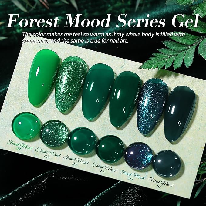 Born Pretty Christmas Carnival Evergreen Gel Nail Polish Set,6 Colors Green Glitter Gel Polish Set Forest Dark Avocado Sage Green Sparkle Soak Off U V Gel Nail Kit Manicure DIY Salon Home Gift