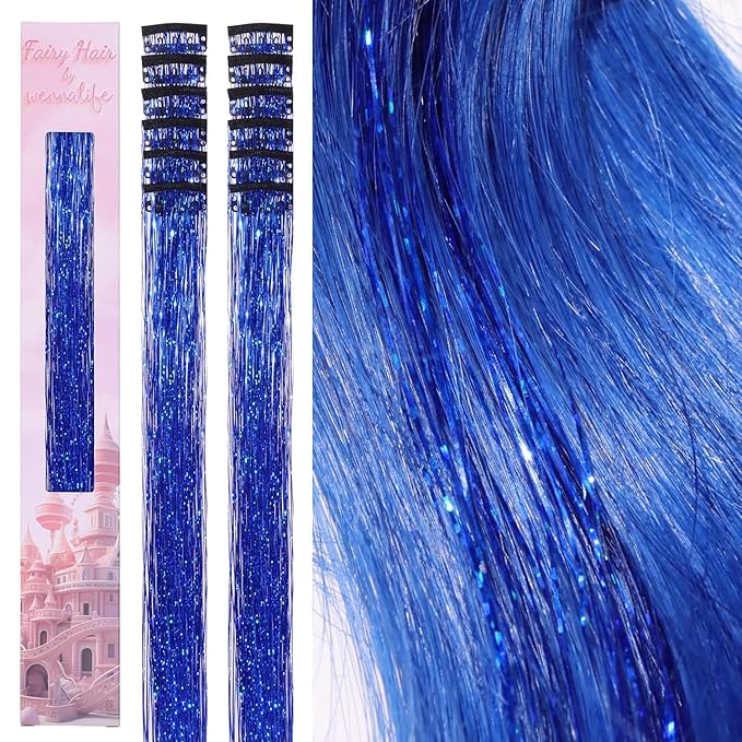 WENNALIFE Hair Tinsel kit for Girls, Clip in Sky Blue, 12PCS 24 Inch Hair Accessories for Women Clip in Colorful Glitter Tinsel Hair Fairy Girls Hair Accessories for Kids