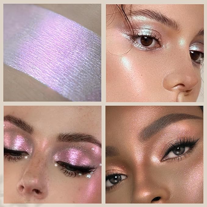 4 Colors Holographic Multichrome Glitter Eyeshadow Palette, Chameleon Purple Pink Mermaid Rose Gold Glitter Iridescent Baked Eyeshadow Powder, Smooth Shimmer Face Highlighter Fairy Makeup 02
