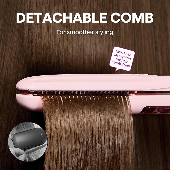 Wavytalk Steam Sesh Hair Straightener, Steam Reduces Damage, Nourishes Hair, and Expedites Straightening, 1.38'' Nano Titanium Flat Iron with Detachable Comb for Silk Press Smoothing & Blowout, Pink