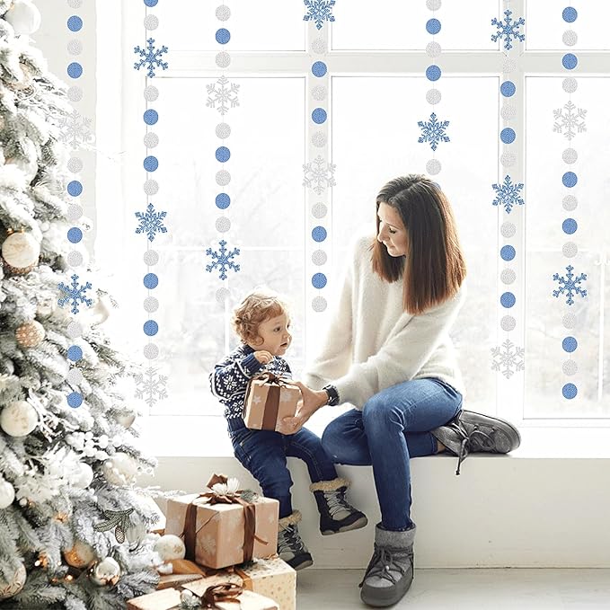Snowflake-Snow Silver-Blue Christmas Party-Decorations Garland - 58Ft White Winter Wonderland Frozen Hanging Paper Streamers Banner,Birthday Baby Bridal Shower Wedding New Year Supplies Decor Ouruola