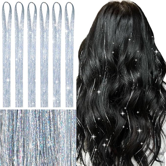 WENNALIFE Hair Tinsel for Girls, Silver Fairy Kit 1200 Strands 6PCS 48 Inch Heat Resistant Glitter Tinsel Hair Extensions Kit Christmas Angel Feathers Hair Sparkle Strands