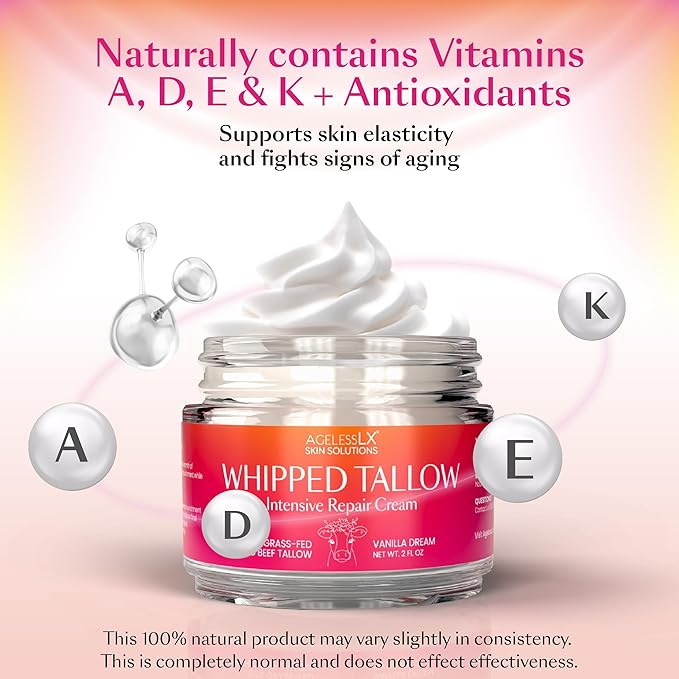 100% Grass Fed Beef Tallow for Skin - Face and Body - No Oils Added, Whipped Tallow Balm - Deep Hydration and Skin Repair - Vanilla Essence - Soothes Dry Skin and Irritation - Fast-Absorbing