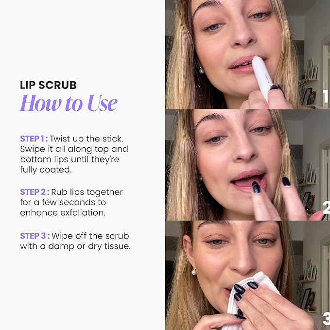 Wonderskin 3-in-1 Lip Scrub Exfoliator & Moisturizer, Lip Exfoliator Scrub, Hydrating Balm for Soft, Nourished, Flake-Free Lips with One-Step Prep, 0.10oz