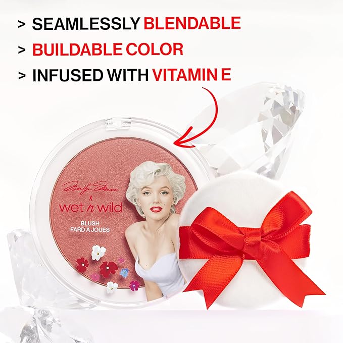 wet n wild Marilyn Monroe Collection Icon Blush – Velvety Pearlescent Powder Blush, Buildable & Blendable Formula Infused with Vitamin E, Includes Sponge Applicator, Cruelty-Free – Rose