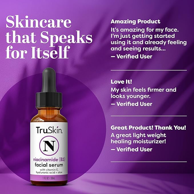 TruSkin (B3) Niacinamide Serum for Face – Minimize Appearance of Pores, Balance Moisture & Tone, Hydrate & Soothe with Hyaluronic Acid, Vitamin E, Aloe & Avocado Oil, 1 fl oz