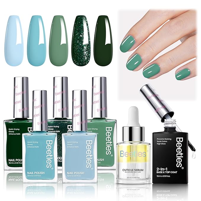 Beetles Green Nail Polish Set, 7 Pcs 5 Colors Light Green Blue Fingernail Polish, Cuticle Oil with 2IN1 Base&Top Coat Long Lasting Quick Dry Nail Polish Gfit Sets For Women