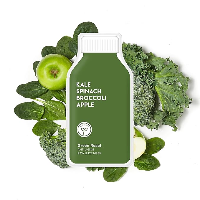 ESW Beauty Green Reset - Anti-Aging Raw Juice Face Mask (6-Pack) - Revitalizing with Kale, Spinach, Broccoli & Apple for Mature Skin - Boosts Collagen & Reduces Wrinkles