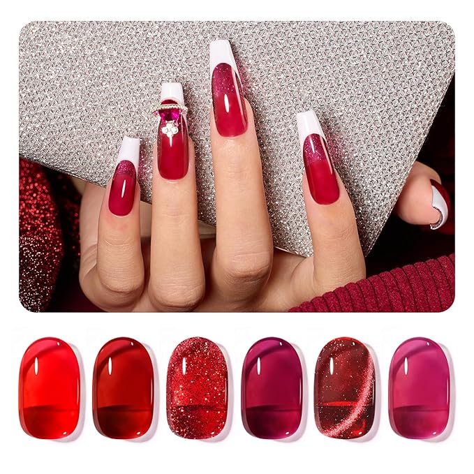 Beetles Red Gel Nail Polish Set, 6 Colors Cat Eye Glitter Burgundy Bright Jelly Nail Polish Set with Magnet, Soak Off LED Lamp DIY Salon at Home Manicure Gifts for Women Red Revival