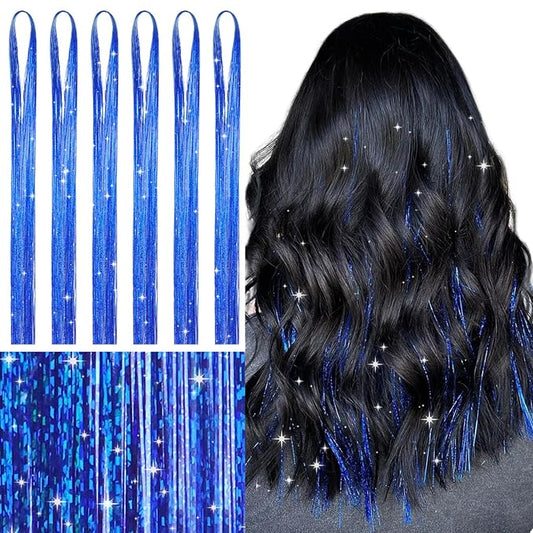 WENNALIFE Hair Tinsel for Girls, Treasure Blue Fairy Kit 1200 Strands 6PCS 48 Inch Heat Resistant Glitter Hair Extensions Kit Christmas Sparkle Strands Tinsel