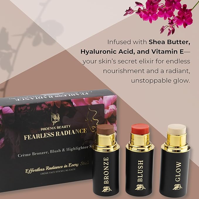 Cream Contour Stick Set – Blush, Bronzer & Highlighter Trio | Hydrating, Buildable, High-Pigment Makeup with Shea Butter & Vitamin E | Phoenix Beauty Gift Set (Luminous)