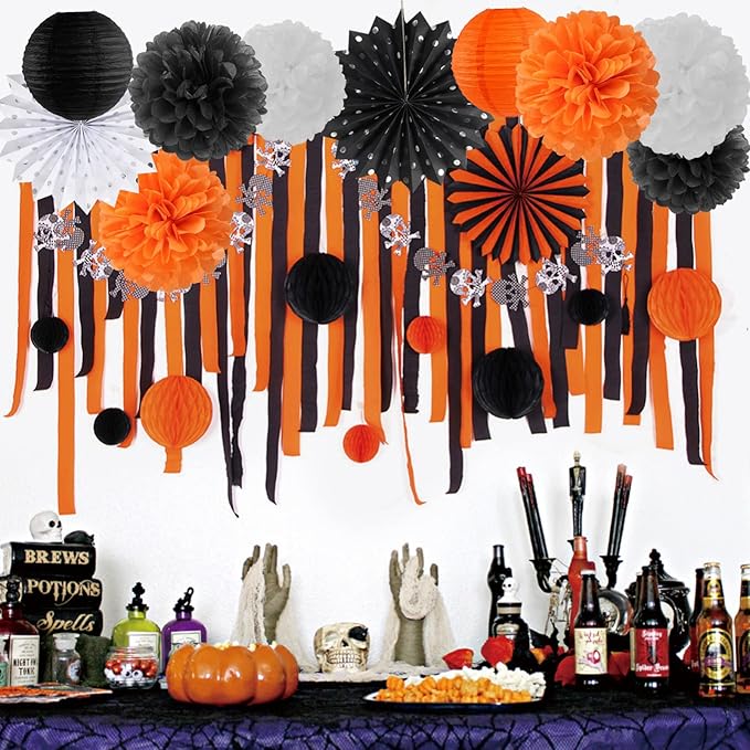 Black Orange White Halloween Party-Decorations - 14pc Kit Paper Lanterns Fan,Tissue Flower Pom Poms Streamers,Honeycomb Balls,Graduation 2024 Birthday Wedding Baby Bridal Shower Decor Lasting Surprise