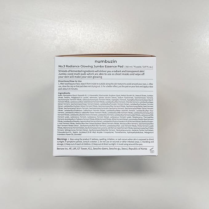 numbuzin No.3 Toner Pads | Radiance Glowing Jumbo Essence Pad | Clear Glass Skin, Texture Care | Biodegradable Vegan, Fermented Ingredients, Niacinamide | 70 Pads/5.07 fl. oz.