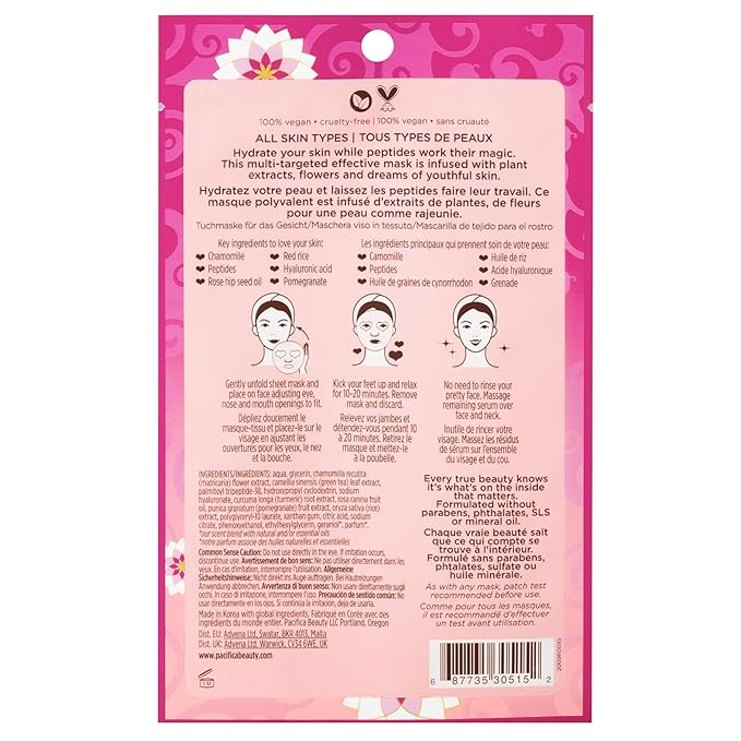Pacifica Disobey Time Anti-Aging Facial Sheet Mask 6-Pack – Hydrating Rose & Peptide Mask for Dry Skin, Infused with Hyaluronic Acid & Green Tea, Fights Fine Lines, Vegan & Cruelty-Free