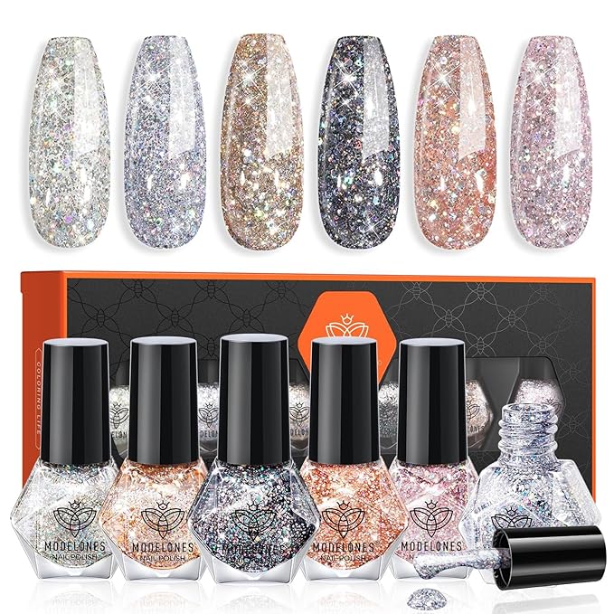modelones Glitter Nail Polish 6 Colors Holographic Sparkle Glitter Mini Set Flash Diamond Black Silver Gold Quick Dry Manicure Diy Nail Art Salon Gift For Women Girl