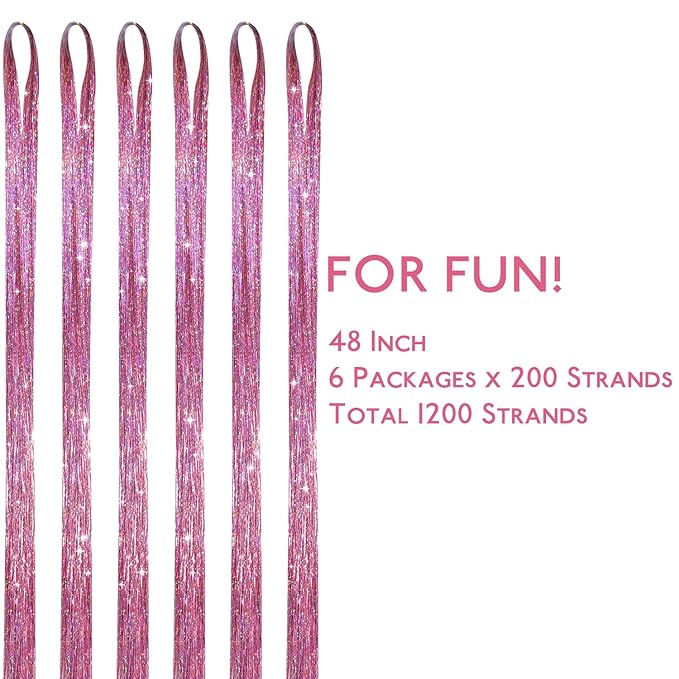 WENNALIFE Hair Tinsel for Girls, Pink Fairy Kit 1200 Strands 6PCS 48 Inch Heat Resistant Glitter Tinsel Hair Extensions Kit Christmas Angel Feathers Sparkle Strands