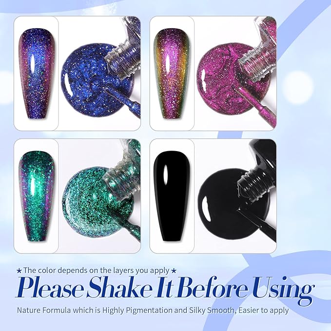 Born Pretty Chameleon Nail Polish Set Holographic Glitter Polish Sparkle Shimmer Nail Art Polish with Black Nail Polish Multicolored Nail Art Varnish 4 Bottles