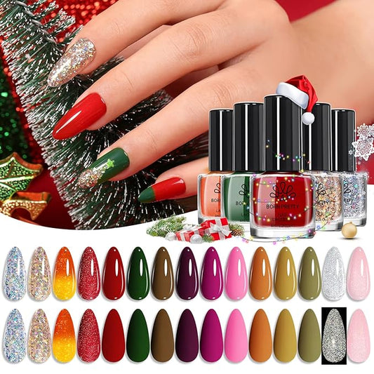 Born Pretty Fall Nail Polish Set, 15 Colors Quick Dry Nail Polish Kit Orange Yellow Brown Red Pink Silver Gold Glitter Color Changing Orange Nail Lacquer Glossy Fingernail Polish Manicure Set