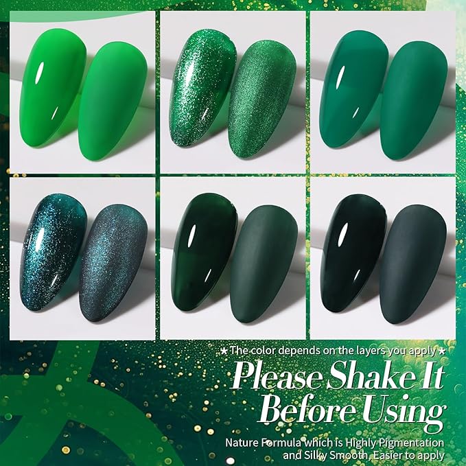Born Pretty Christmas Carnival Evergreen Gel Nail Polish Set,6 Colors Green Glitter Gel Polish Set Forest Dark Avocado Sage Green Sparkle Soak Off U V Gel Nail Kit Manicure DIY Salon Home Gift