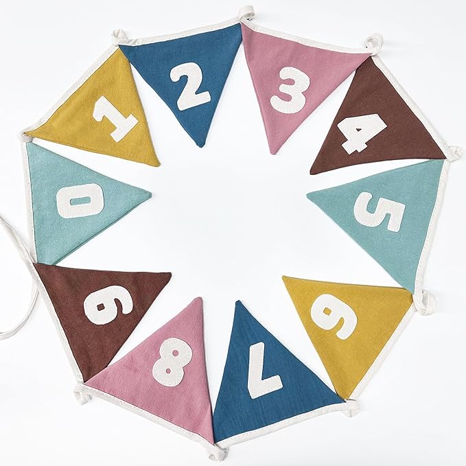 2 Sets of Retro Colored Pennant Banner 20Pcs Nursery Garland Flags Numbers 0-9 Fabric Linen Triangle Streamers for Kids Birthday Baby Shower Party Decorations Classroom Baby Room Math Learning Decor