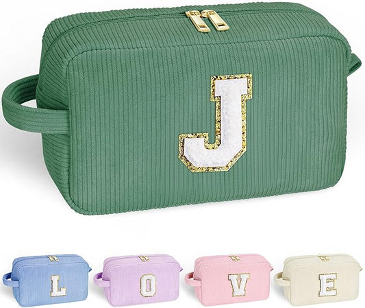 YOOLIFE Personalized Gifts - Travel Makeup Bag Cute Makeup Bag Make Up Bag Monogram Makeup Bag Travel Toiletry Bag Best Friend Birthday Gifts Bridesmaid Wedding Gifts for Women Her Girls Letter J