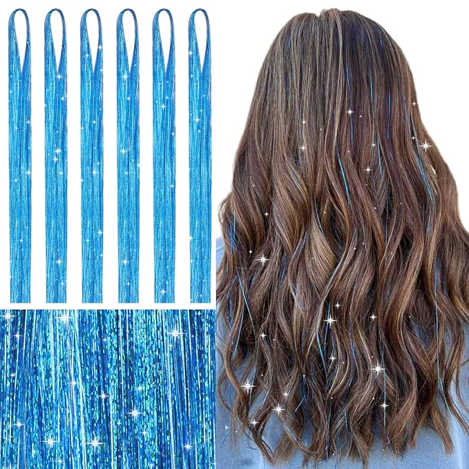 WENNALIFE Hair Tinsel for Girls, Sky Blue Fairy Kit 1200 Strands 6PCS 48 Inch Heat Resistant Glitter Tinsel Hair Extensions Kit Christmas Feathers Hair Sparkle Strands
