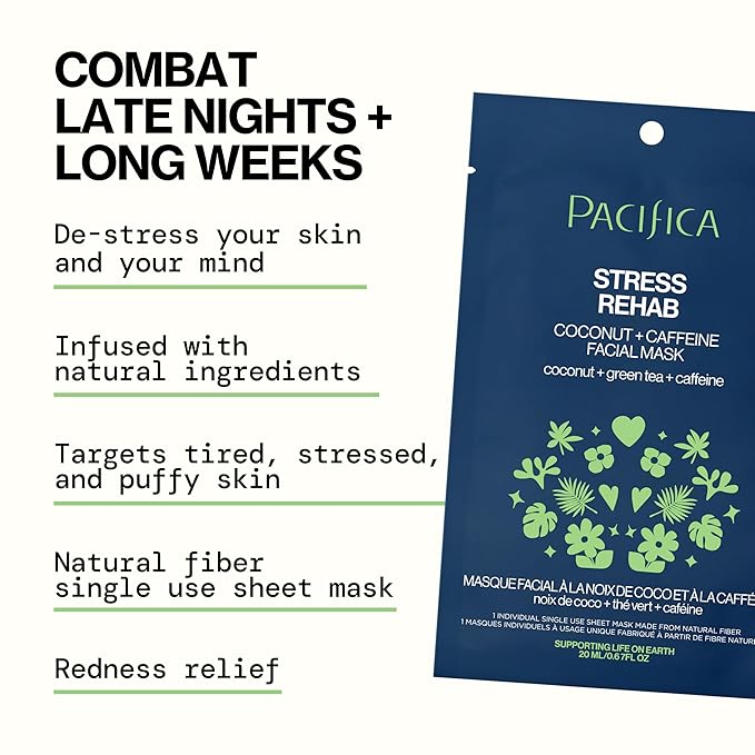 Pacifica Sheet Mask - Skin Rehab Coconut & Caffeine Facial Mask - Sheet Mask for Redness & Puffiness, Infused w/Green Tea, Turmeric & Hyaluronic Acid, Vegan & Cruelty-Free Skincare