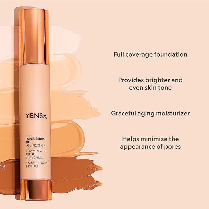 YENSA Serum Foundation Makeup - Super Silk Full Coverage Foundation Enriched with Peptides, Vitamin C & Ferulic Acid to Help Reduce Fine Lines, Wrinkles & Dark Circles - Tan 2 (1 oz)