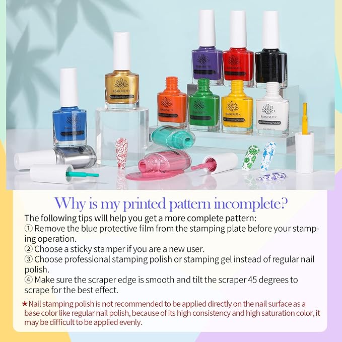 Born Pretty Nail Stamping Polish, Fingernail Stamp Polish Set Manicure Print Nail Polish for Plates 12 Colors Bulk Gift Collection 10ml 0.34fl oz Ideal Gifts