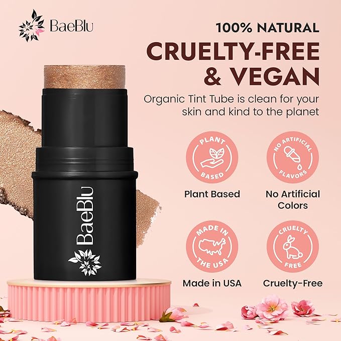 BaeBlu - Organic Blush Tube, Amaretto - 100% Natural Vegan Cream Blush Sticks, Multi-Use Bronzer, & Highlighter for Lips, Cheeks & Eyes, Buildable Shimmer, Gluten-Free, Paraben-Free, Made in USA