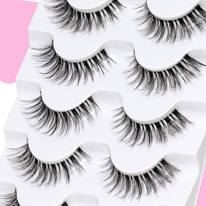 Veleasha Lashes Wispy False Eyelashes 100% Handmade Eyelashes Natural Look Fake Lashes Lightweight Lashes with Soft Clear Band 5 Pairs Pack (G2)
