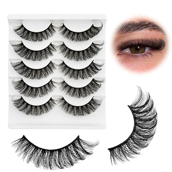 Short Thick Lashes Natural Look D Curl Eyelashes that Look Like Extensions 5 Pair Fluffy Mink Wispy Cat Eye Strip False Volume Lash Pack 8-14mm Full Mega Double Stacked Eyelash Small Fake Lashes