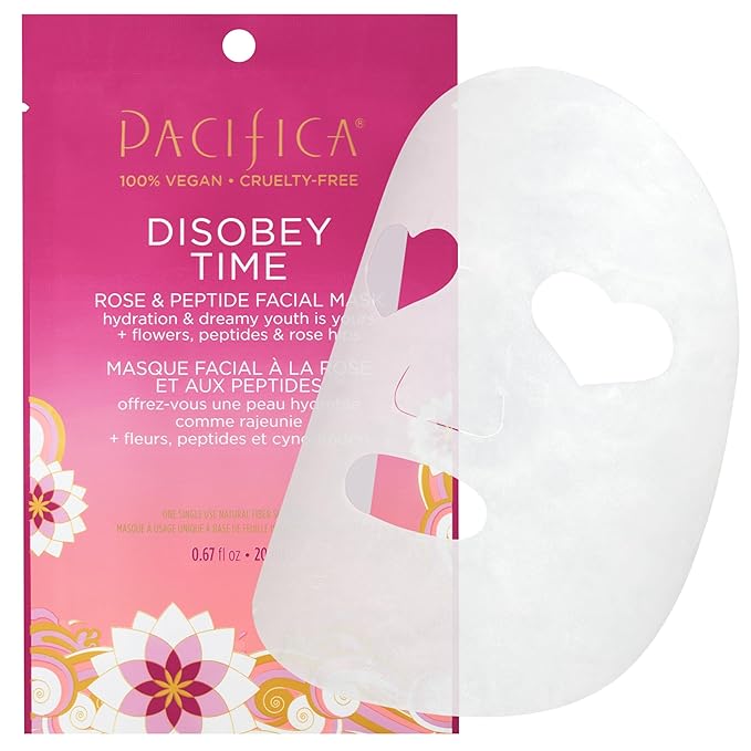 Pacifica Disobey Time Anti-Aging Facial Sheet Mask 6-Pack – Hydrating Rose & Peptide Mask for Dry Skin, Infused with Hyaluronic Acid & Green Tea, Fights Fine Lines, Vegan & Cruelty-Free