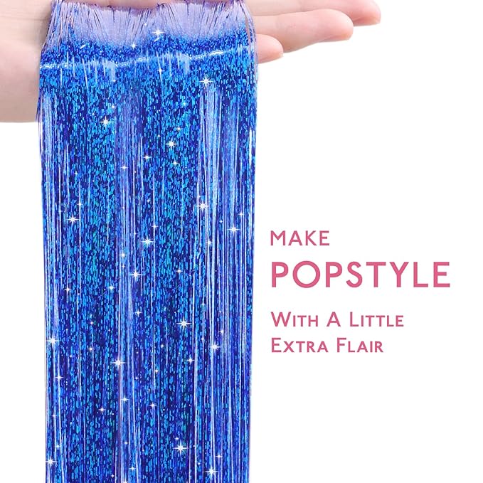 WENNALIFE Hair Tinsel for Girls, Treasure Blue Fairy Kit 1200 Strands 6PCS 48 Inch Heat Resistant Glitter Hair Extensions Kit Christmas Sparkle Strands Tinsel