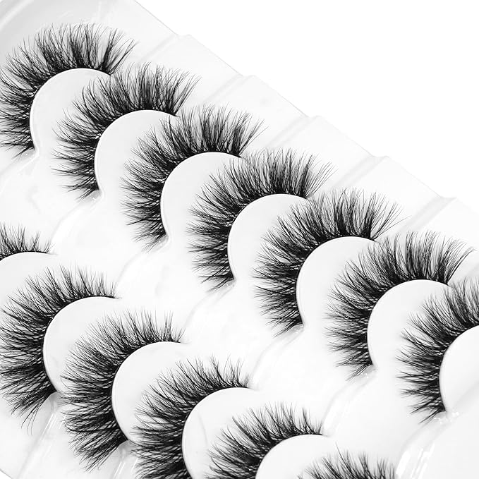 3D Clear Band Lashes 15mm Natural Soft Faux Mink Lashes C Curl Cat Eye Wispy Fake Eyelashes Reusable False EyeLashes 7 Pairs (No.212)