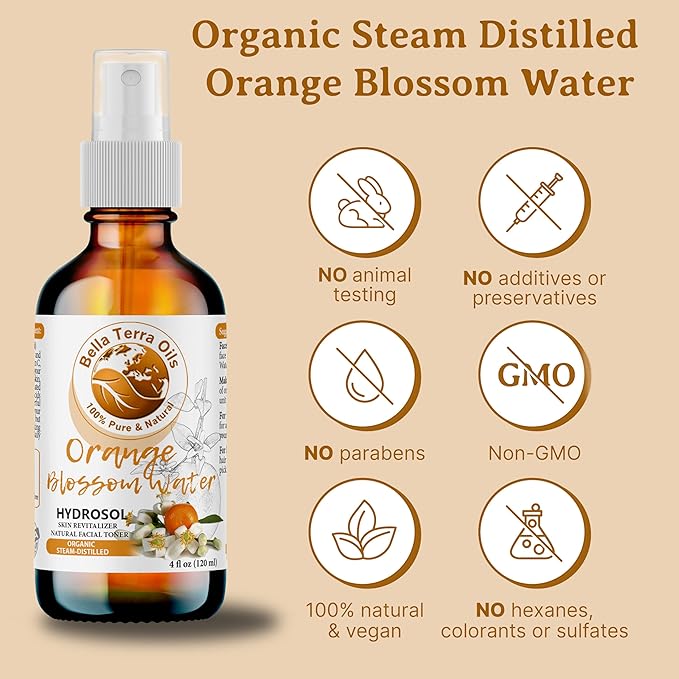 Bella Terra Oils - Organic Neroli Water 8 oz - A Gem of Hydrosol Waters, Infused with Limonene & Linalool, Revel in the Magic of Orange Blossom Toner
