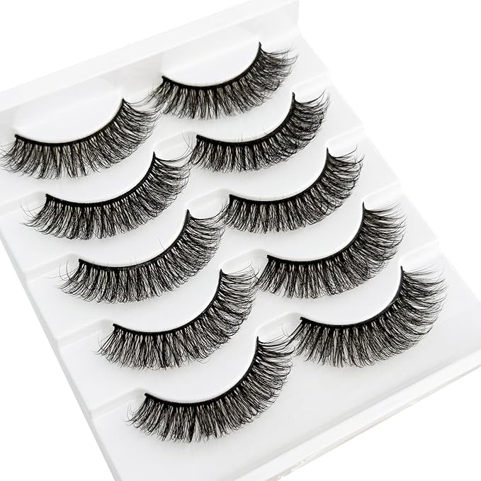 Short Thick Lashes Natural Look D Curl Eyelashes that Look Like Extensions 5 Pair Fluffy Mink Wispy Cat Eye Strip False Volume Lash Pack 8-14mm Full Mega Double Stacked Eyelash Small Fake Lashes