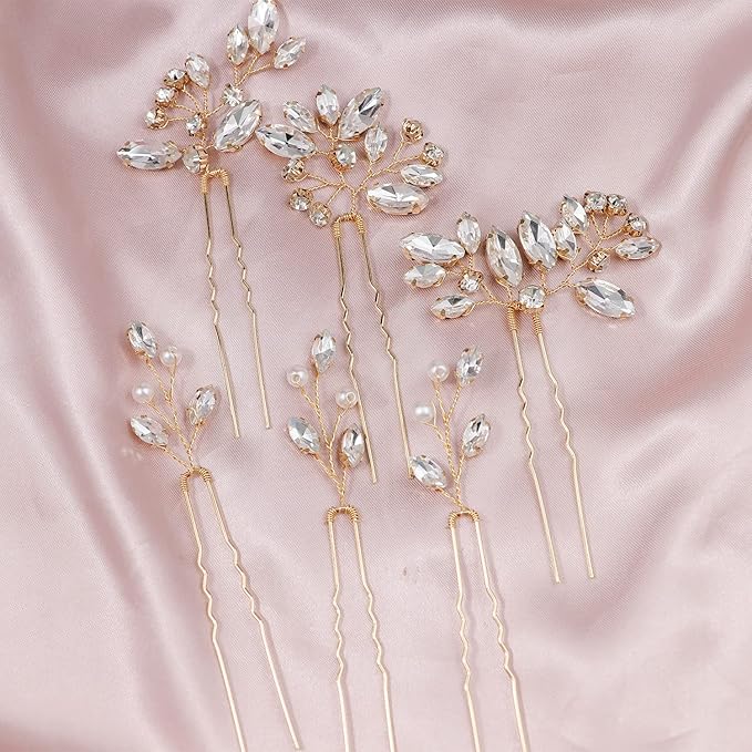 6 Pieces Bride Hair Pins Rhinestones Gold Hair Accessories for Women Crystal Wedding Hair Piece for Bride Women Girls Bridesmaids (Gold)