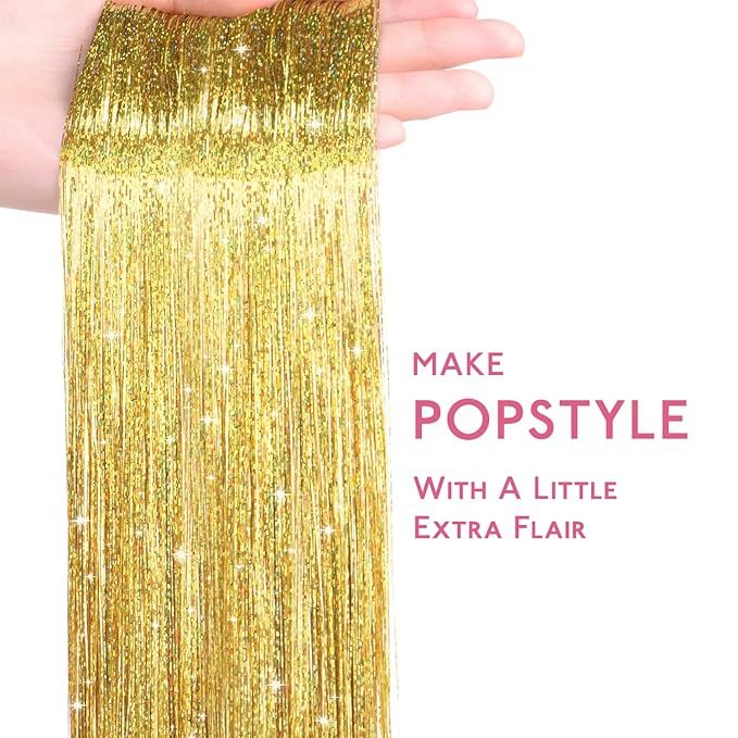 WENNALIFE Hair Tinsel for Girls, Champagne Fairy Kit 1200 Strands 6PCS 48 Inch Heat Resistant Glitter Tinsel Hair Extensions Kit Christmas Feathers Sparkle Strands