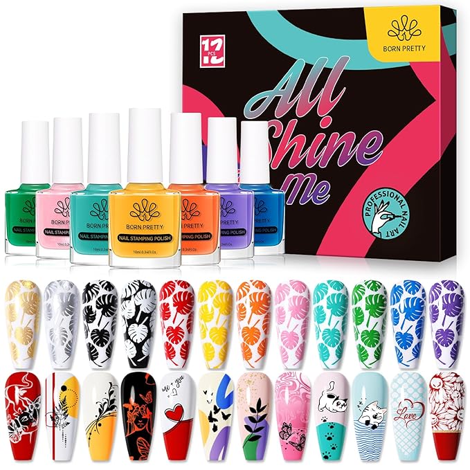 Born Pretty Nail Stamping Polish, Fingernail Stamp Polish Set Manicure Print Nail Polish for Plates 12 Colors Bulk Gift Collection 10ml 0.34fl oz Ideal Gifts